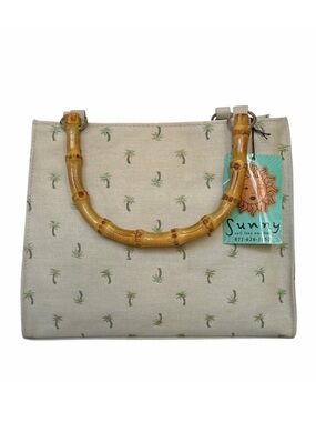 Sunny Hawaii Tan Embroidered Palm Tree Canvas Bag with Bamboo Handles